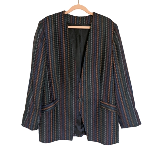 Vintage Blazer - Wool Blend Striped One Button Blazer Jacket Size Medium - Picture 8 of 12